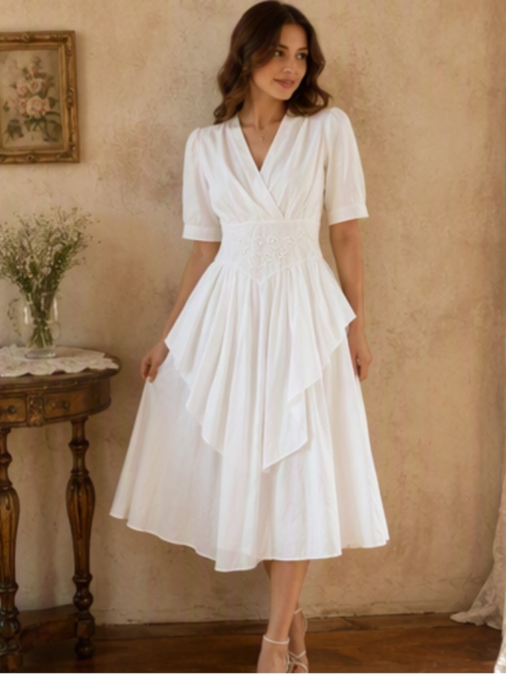 🌹 Chablis 🌹 Elegant 80s 90 White Vintage Women's Dress w/ Floral Embroidery Wais